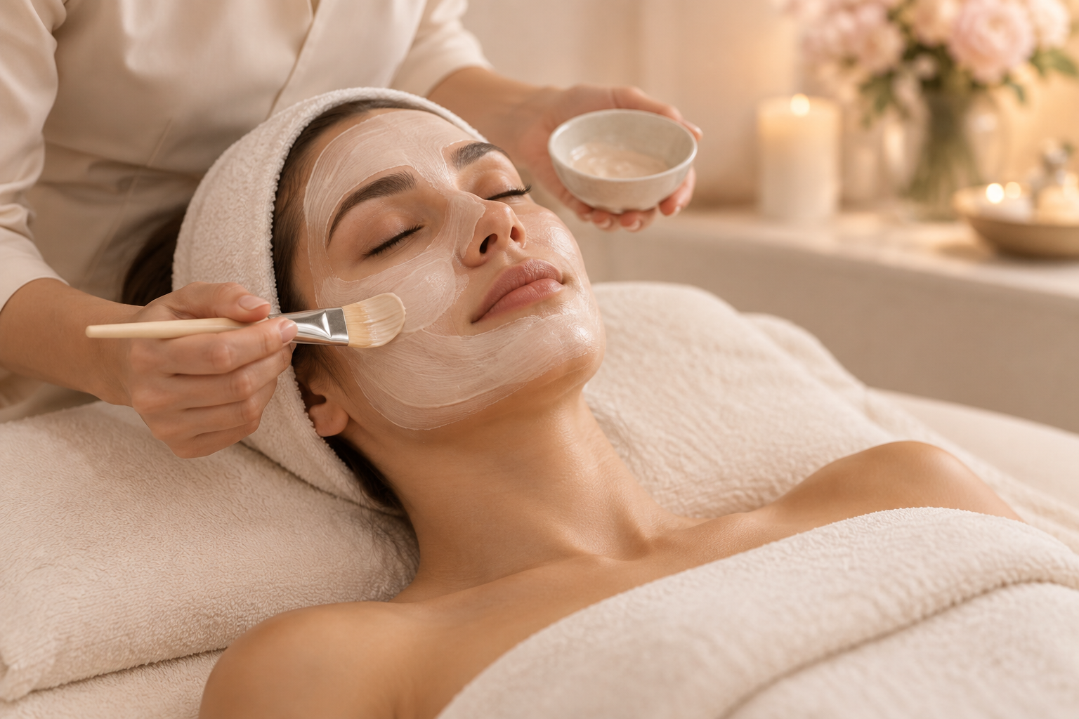 Relaxing facial treatment in a warm, serene spa setting